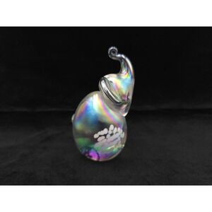 Clear Iridescent Art Glass Elephant Figurine Paper Weight Painted Speckles Trunk